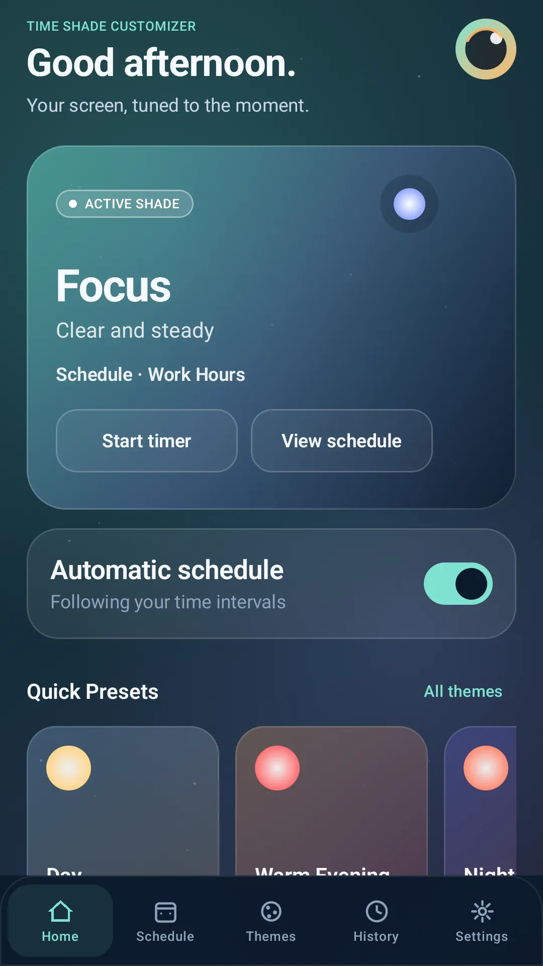 Time Shade Customizer home screen showing active Focus shade, automatic schedule and quick presets