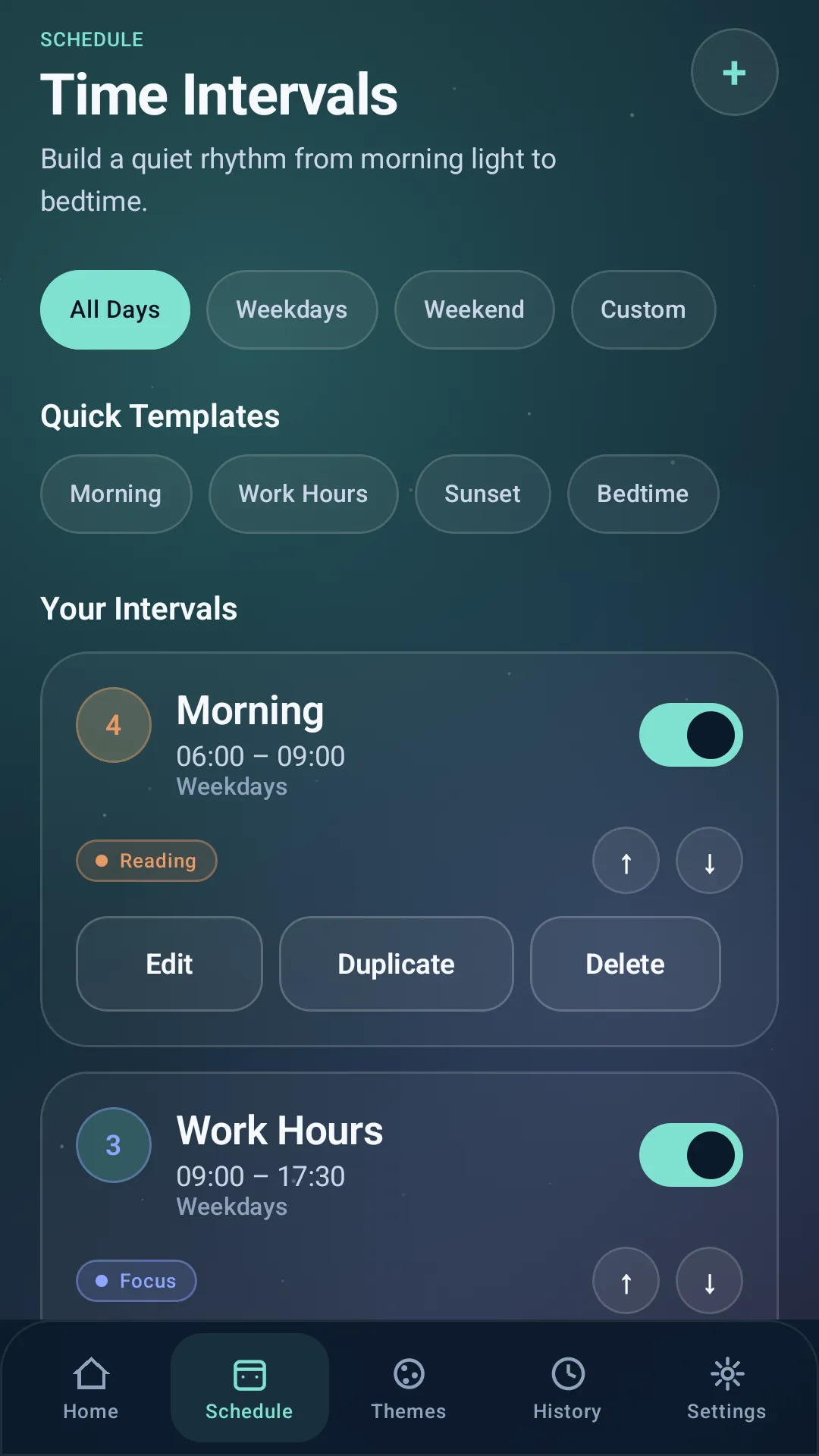 Time Shade Customizer schedule screen with morning and work hour intervals