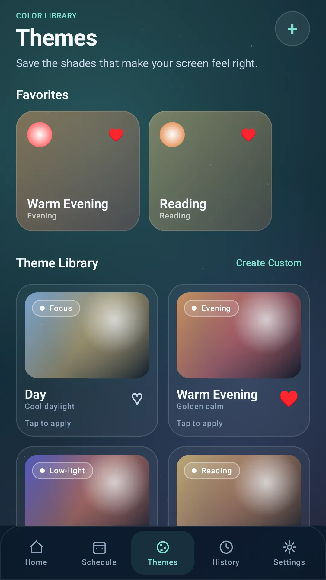 Theme library screen showing favorite and reusable shades