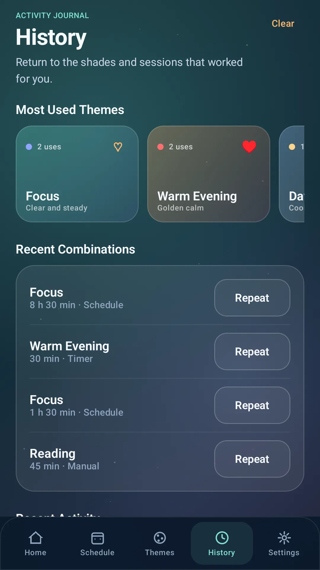 Time Shade Customizer History screen showing most used themes and recent combinations